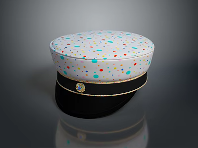 Stylish White Hat With Colorful Polka Dots Black Brim And Gold Trim Badge 3d model