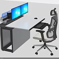 Modern Office Desk With Dual Monitors Keyboard Mouse And Ergonomic Chair