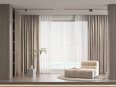 Modern Living Room Interior Featuring Beige Curtains With Window Blinds Sofa And Potted Plant 3d model