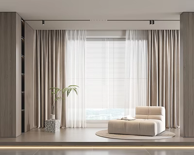 Modern Living Room Interior Featuring Beige Curtains With Window Blinds Sofa And Potted Plant 3d model