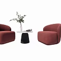 Modern Red Sofas and Coffee Table Set with Round Black Base and Vase Plant Decor 3d model