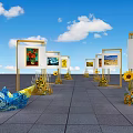 Floral Display With Sunflowers White Frame Easel And White Chair Under Blue Sky