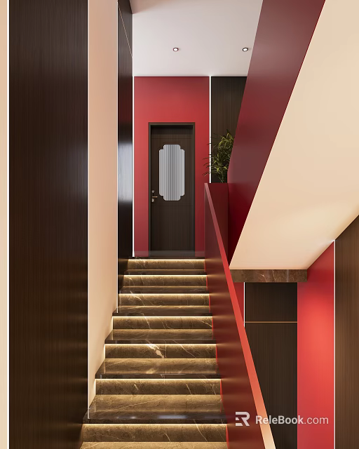 Stylish Red Staircase Interior With Dark Wooden Door Marble Steps Red Walls And Green Plant 3d model 