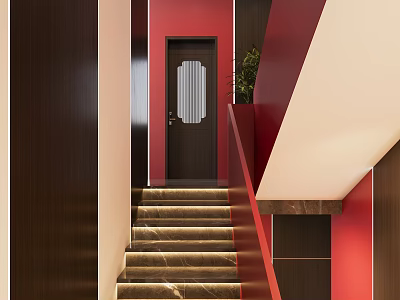 Stylish Red Staircase Interior With Dark Wooden Door Marble Steps Red Walls And Green Plant 3d model