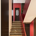 Stylish Red Staircase Interior With Dark Wooden Door Marble Steps Red Walls And Green Plant