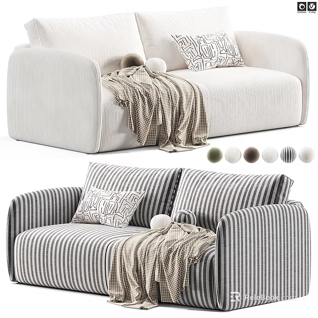 Two Seater Sofa Featuring Striped Design Decorative Pillows Knit Blanket And Color Options 3d model 