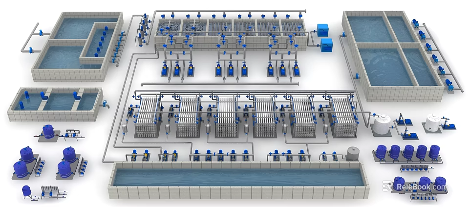 Industrial Water Treatment Equipment System With Multiple Processing Units Blue Pipes And Storage Tanks 3d model 