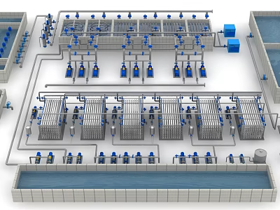 Industrial Water Treatment Equipment System With Multiple Processing Units Blue Pipes And Storage Tanks 3d model