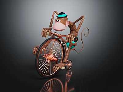 Copper Accent Table With Monkey Riding Bicycle Decoration On Dark Reflective Surface 3d model