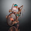 Copper Accent Table With Monkey Riding Bicycle Decoration On Dark Reflective Surface