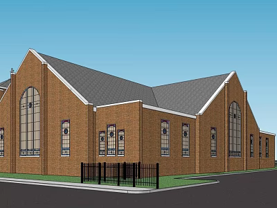 Historic Brick Building Featuring Gabled Roof Arched Windows And Black Fence 3d model