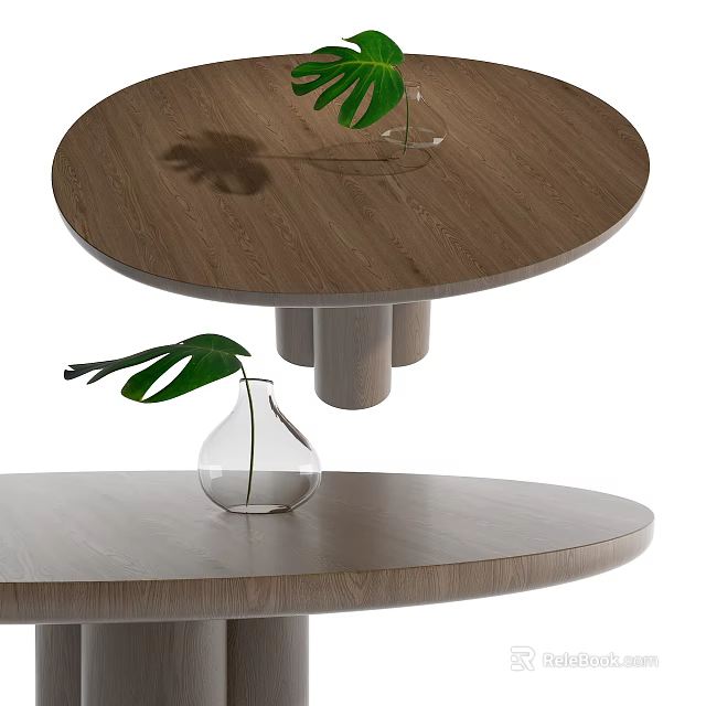 Natural Wooden Round Dining Table with Glass Vase and Green Palm Leaves 3d model 