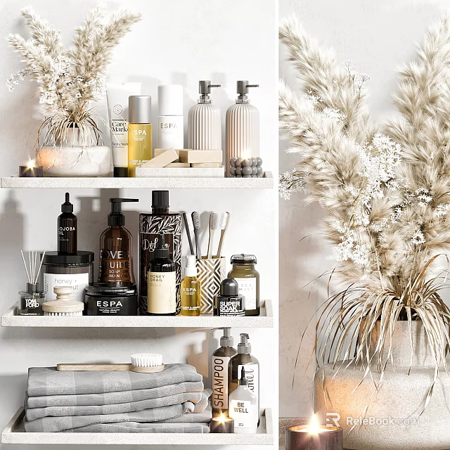 Stylish Bathroom Accessories On Organized Shelf With Decorative Bottles Brush Towel And Dried Flowers 3d model 
