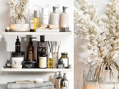 Stylish Bathroom Accessories On Organized Shelf With Decorative Bottles Brush Towel And Dried Flowers 3d model