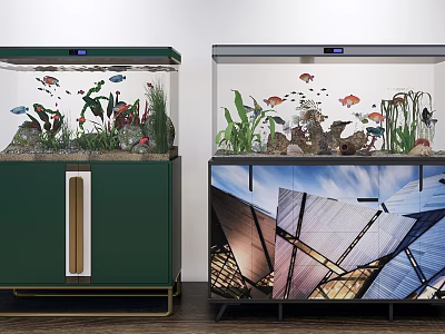 Decorative Aquariums With Fish And Aquatic Plants On Green And Geometric Pattern Cabinets 3d model