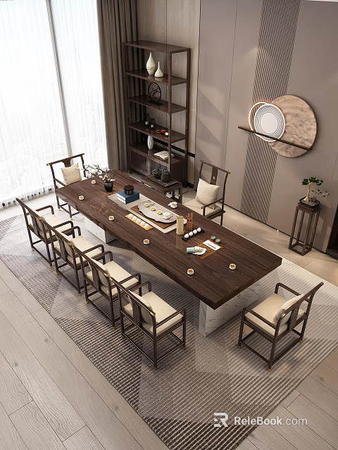 Elegant Modern Tea Room Interior With Long Wooden Table Chairs Tea Sets And Shelves 3d model 