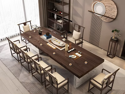Elegant Modern Tea Room Interior With Long Wooden Table Chairs Tea Sets And Shelves 3d model