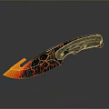 Sharp Tactical Knife With Orange Black Cracked Blade And Black Handle Reflective Surface Design