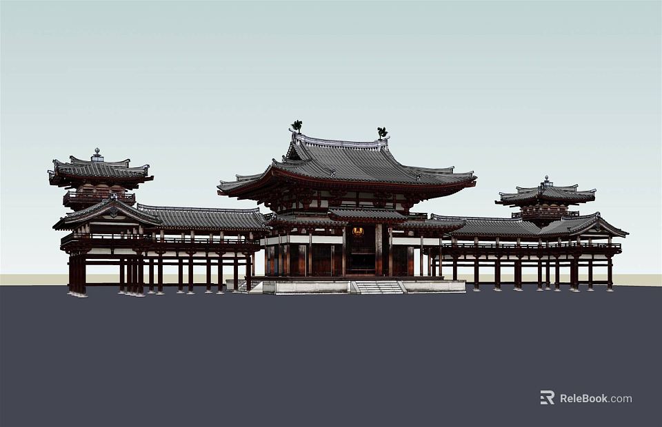 Traditional Ancient Architecture With Curved Roofs Wooden Structure And Ornate Eaves 3d model 