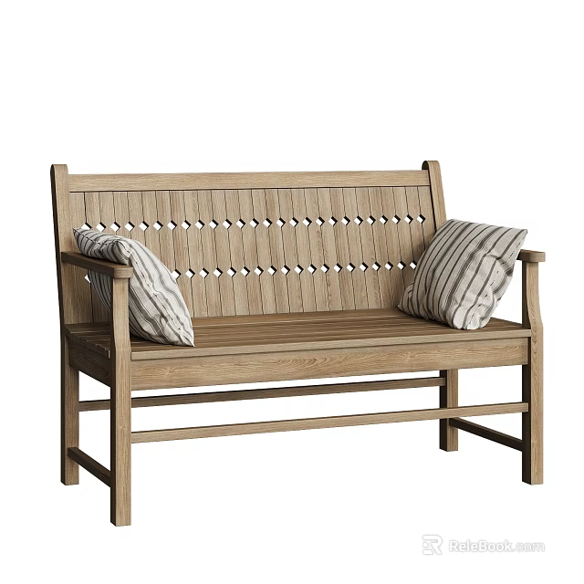 Wooden Outdoor Bench With Perforated Backrest Striped Cushions And Light Wood Tone 3d model 