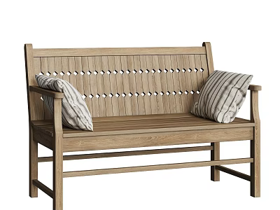 Wooden Outdoor Bench With Perforated Backrest Striped Cushions And Light Wood Tone 3d model