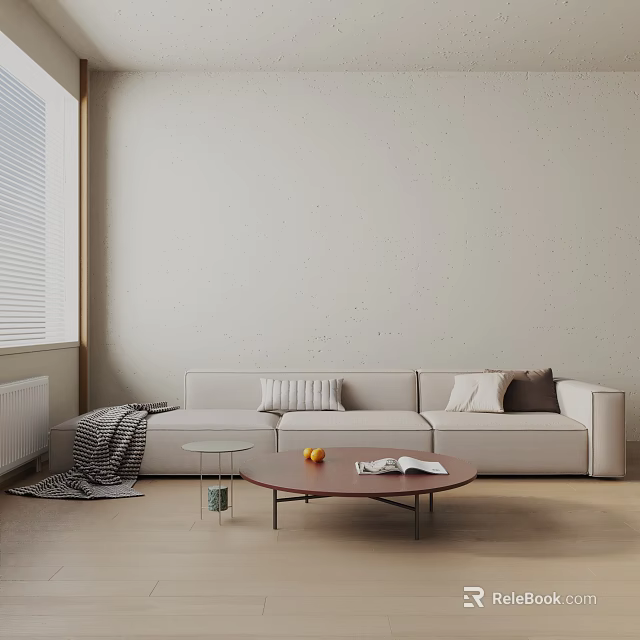 Modern Minimalist Living Room Three Seater Sofa with Pillows Coffee Table Fruits Book and Blanket 3d model 