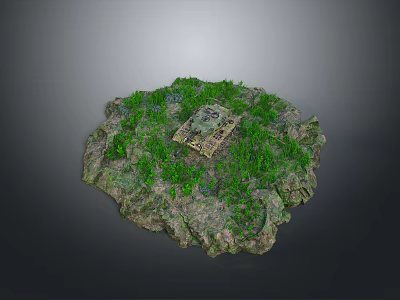 Military Tank Positioned on Circular Rocky Terrain with Green Vegetation in Central Area 3d model