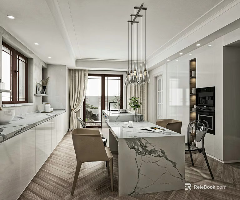 Modern Open Kitchen Restaurant Space With Marble Island Pendant Lights Chairs And Cabinets 3d model 
