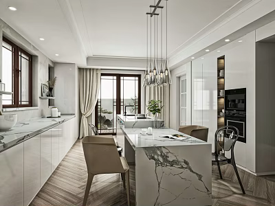 Modern Open Kitchen Restaurant Space With Marble Island Pendant Lights Chairs And Cabinets 3d model