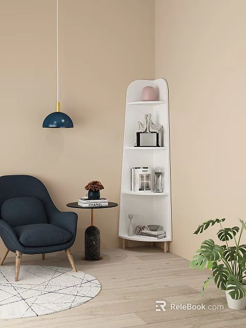 Modern Curved White Shelving Unit With Decorative Items Books And Vase In Living Space 3d model 