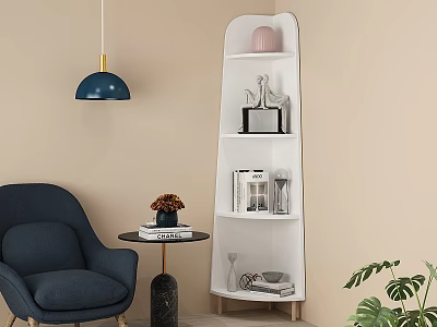Modern Curved White Shelving Unit With Decorative Items Books And Vase In Living Space 3d model