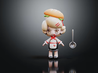 Burger Head Chef Character Wearing Apron Holding Spoon in Kitchen Style Design 3d model