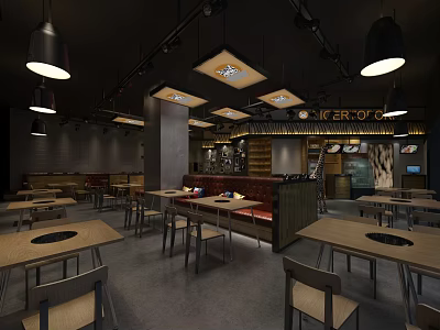 Modern Restaurant Interior With Wooden Tables Black Pendant Lights And Ceiling Panels 3d model