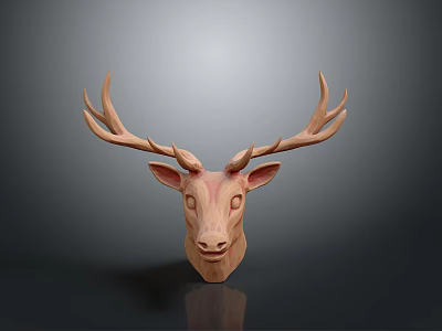 Wooden Deer Head Sculpture With Large Antlers And Modern Minimalist Design 3d model
