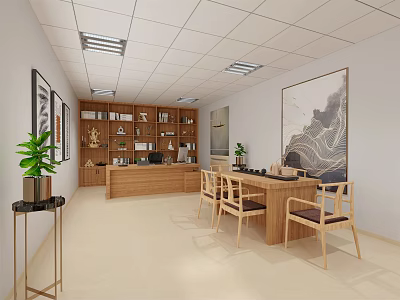 Modern Office Interior Design With Wooden Shelves Desk Chairs Green Plant And Wall Paintings 3d model