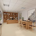 Modern Office Interior Design With Wooden Shelves Desk Chairs Green Plant And Wall Paintings
