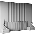 Chinese Style Bedroom Accent Wall With Pine Tree Landscape Vertical Slats And Gray Headboard