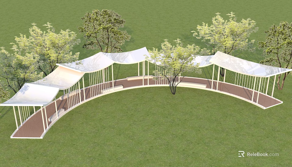 Curved Pergola With White Canopy And Brick Pathway Surrounded By Trees On Green Lawn 3d model 