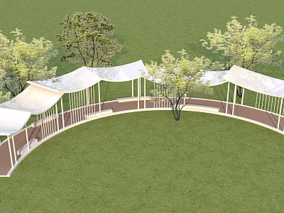 Curved Pergola With White Canopy And Brick Pathway Surrounded By Trees On Green Lawn 3d model