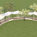 Curved Pergola With White Canopy And Brick Pathway Surrounded By Trees On Green Lawn