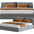 Modern Double Bed With Gray Upholstered Headboard White Mattress Brown Pillows And Striped Blanket