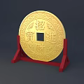 Golden Circular Decorative Photo Spot With Zhao Cai Jin Bao Characters And Red Stand