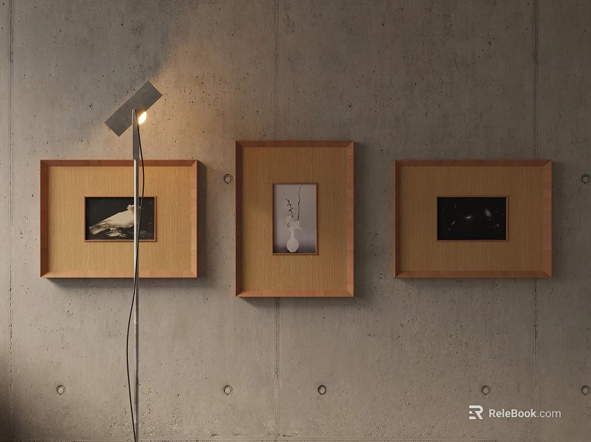Concrete Wall Interior With Three Framed Pictures And Modern Floor Lamp 3d model 