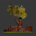 Yellow Leaved Tree With Red Brick Circular Wall And Green Grass Base