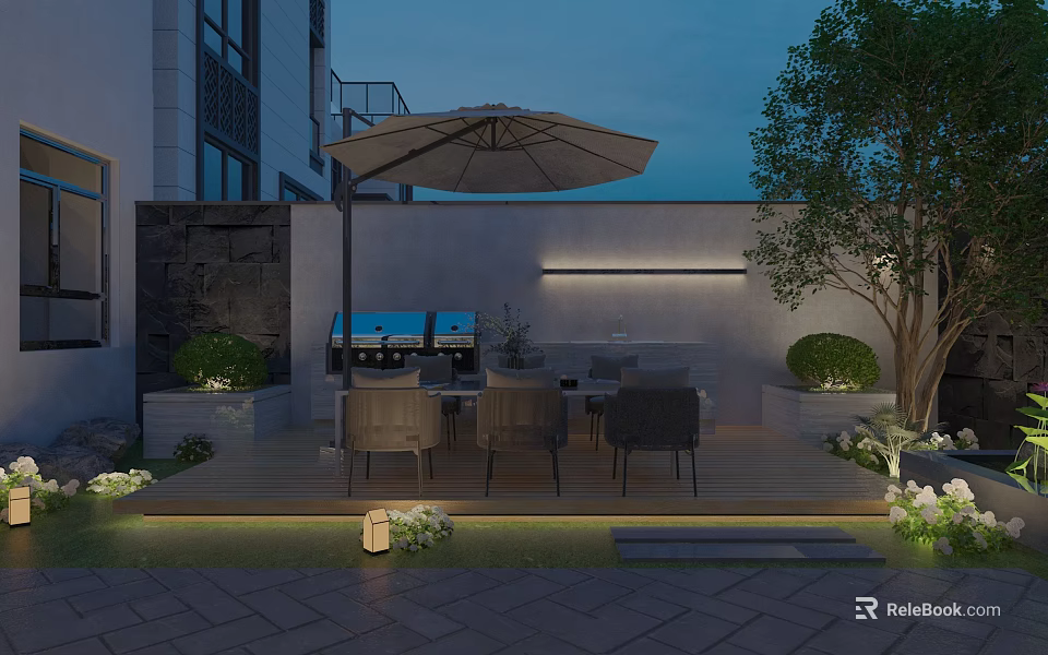 Garden Landscape Design with Outdoor Dining Area Wooden Deck Umbrella Chairs and Lighting 3d model 