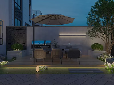 Garden Landscape Design with Outdoor Dining Area Wooden Deck Umbrella Chairs and Lighting 3d model