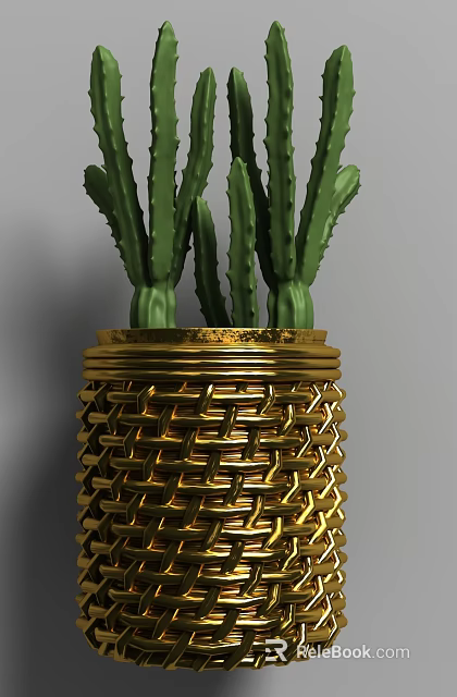 Golden Woven Vase With Green Cactus Plants For Home Decoration 3d model 