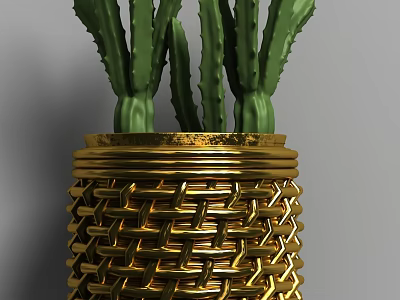 Golden Woven Vase With Green Cactus Plants For Home Decoration 3d model