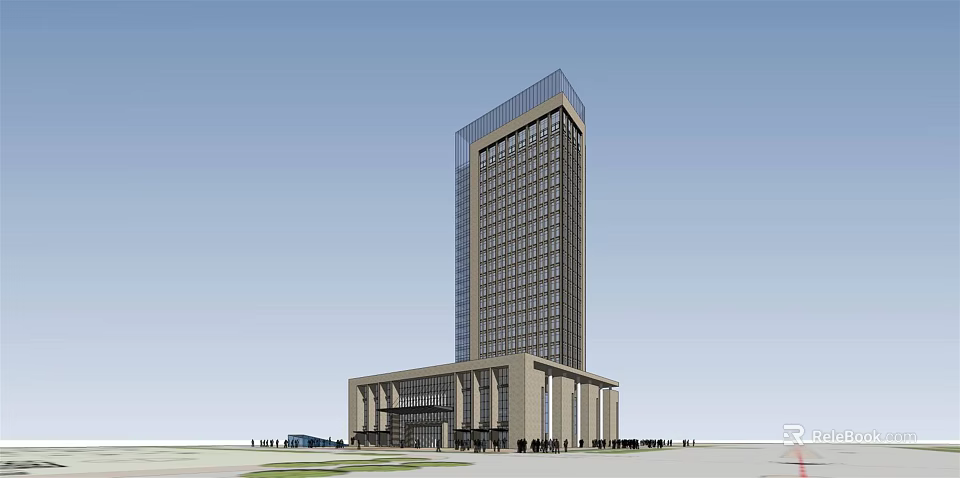 Modern Office Building Exterior Design With Glass Curtain Wall And Grand Entrance 3d model 