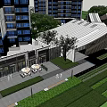 Modern Sales Office Building With Unique Roof Design Surrounded by Greenery and High-Rise Buildings